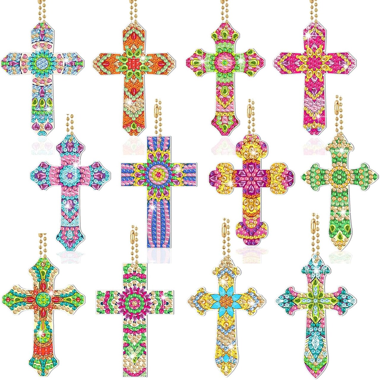 12 Pcs Easter Cross Diamond Painting Keychains Kit – 5D DIY Religious Rhinestone Key Rings & Bookmarks, Christian Crafts Gift Set for Adults